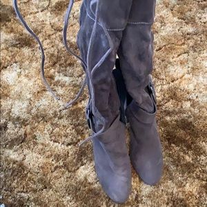 Gray high knee boots with 4 inch heel